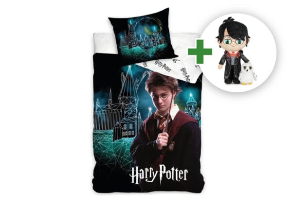 Sada povlečení Harry Potter Kouzelné Bradavice + plyšová hračka Harry stojící s Hedvikou